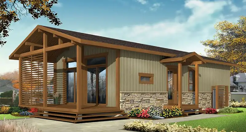 Plan 12-2418 exterior rendering - Rustic 3-Bedroom Tiny House Plan with Covered Porch